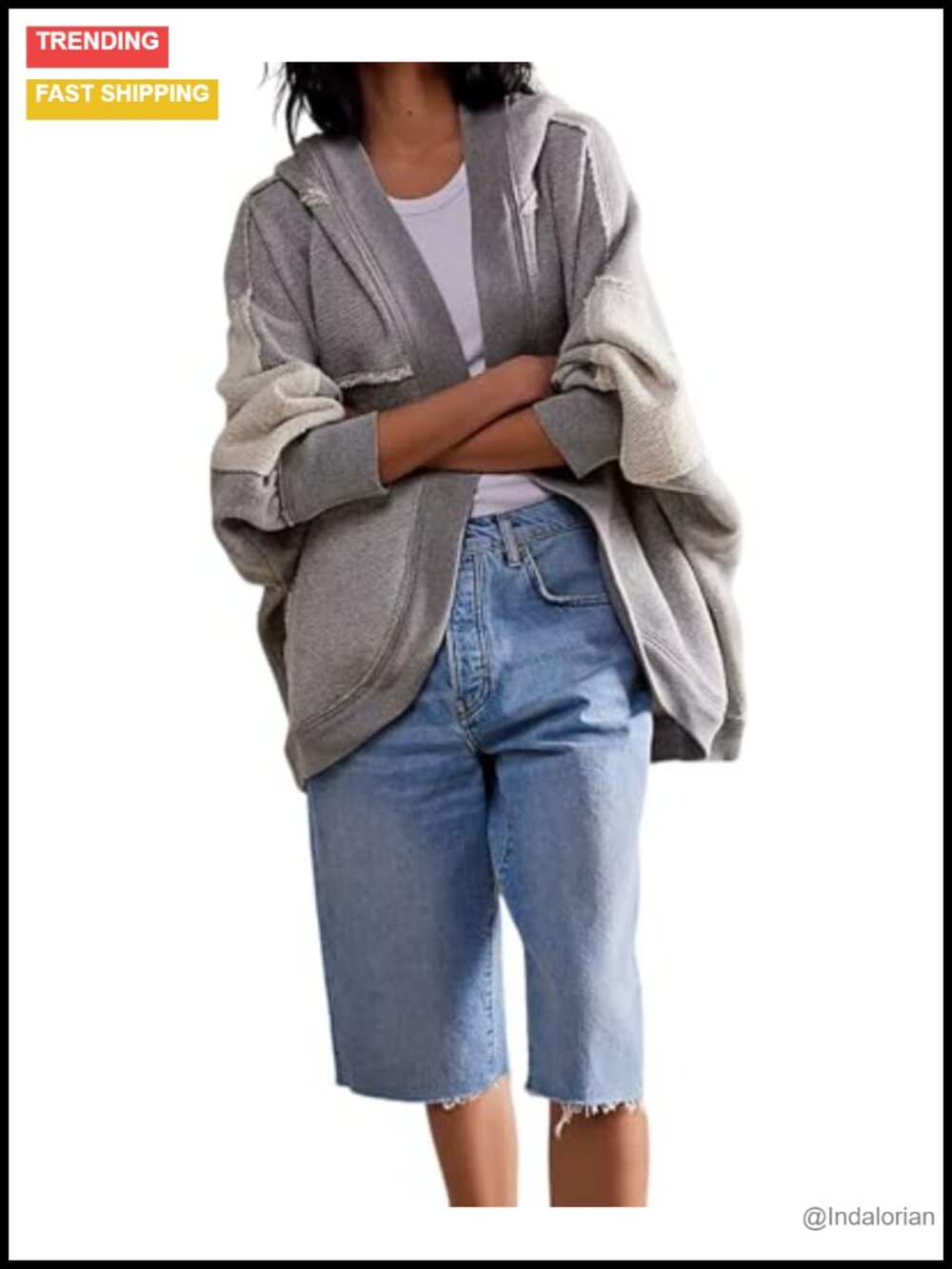 Y2K Oversized Open Front Hooded Cardigan Patchwork Long Sleeve Jacket